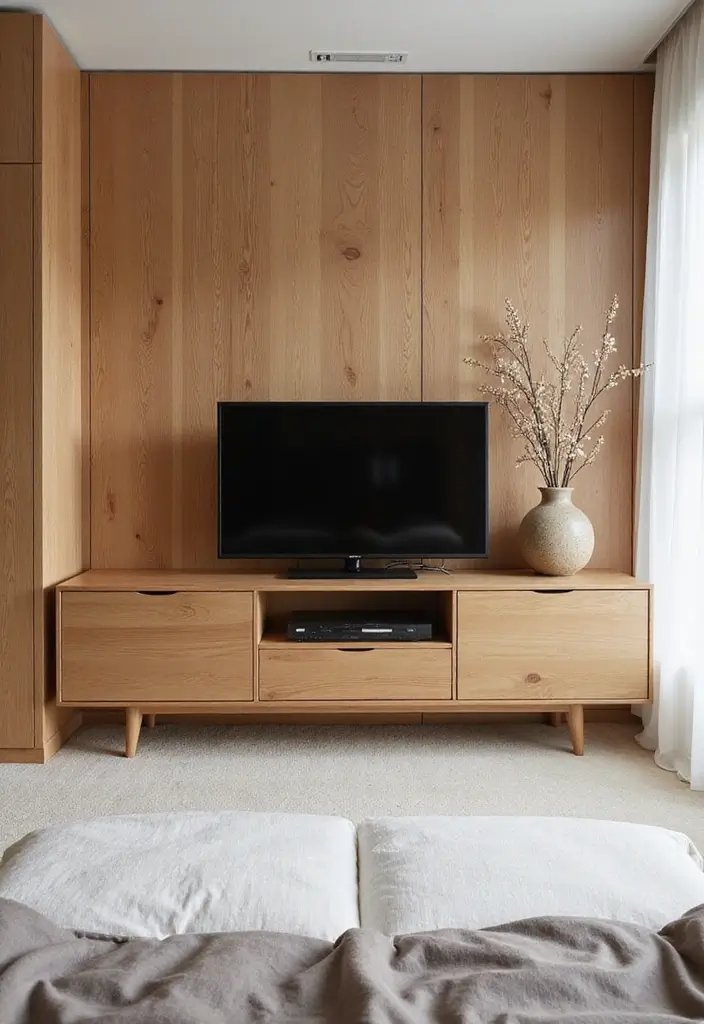 30 Bedroom Ideas with TV That Balance Relaxation & Design - 8. Natural Wood Accents