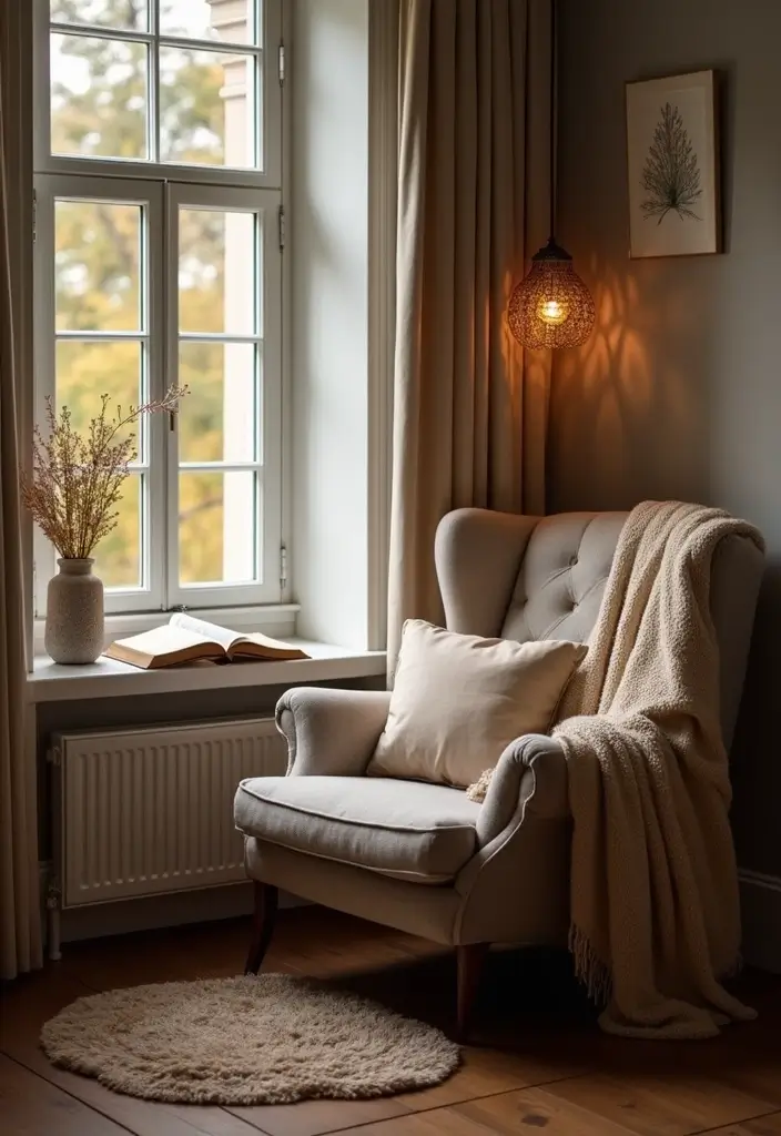 30 Bedroom Photoshoot Ideas Night That Feel Cozy & Romantic - 3. Cozy Corner with a Reading Nook