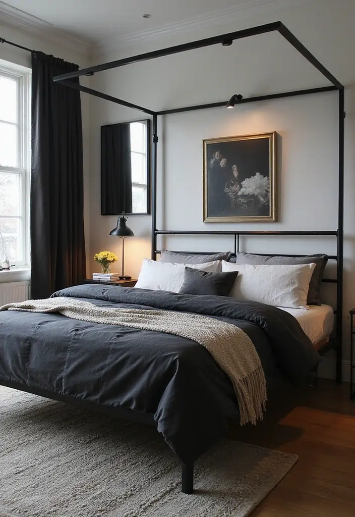 30 Black Bed Frame Bedroom Ideas That Look Strong & Stylish - 16. Urban Chic with a Black Metal Bed Frame