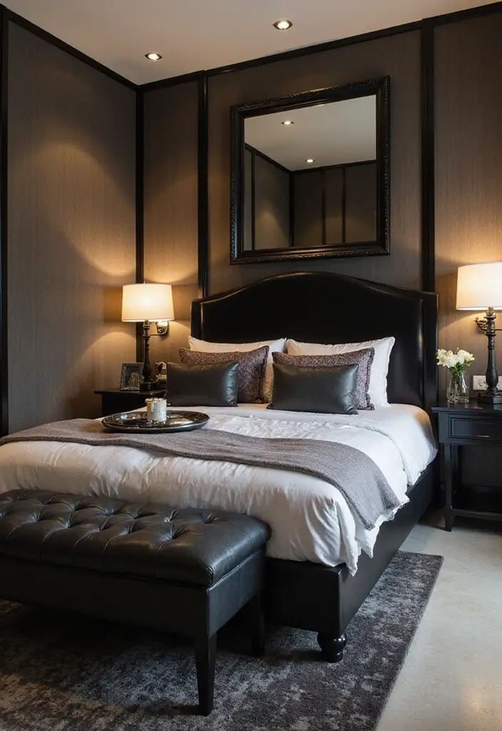 30 Black Bed Frame Bedroom Ideas That Look Strong & Stylish - 18. Glamorous Hotel-Style Black Frame