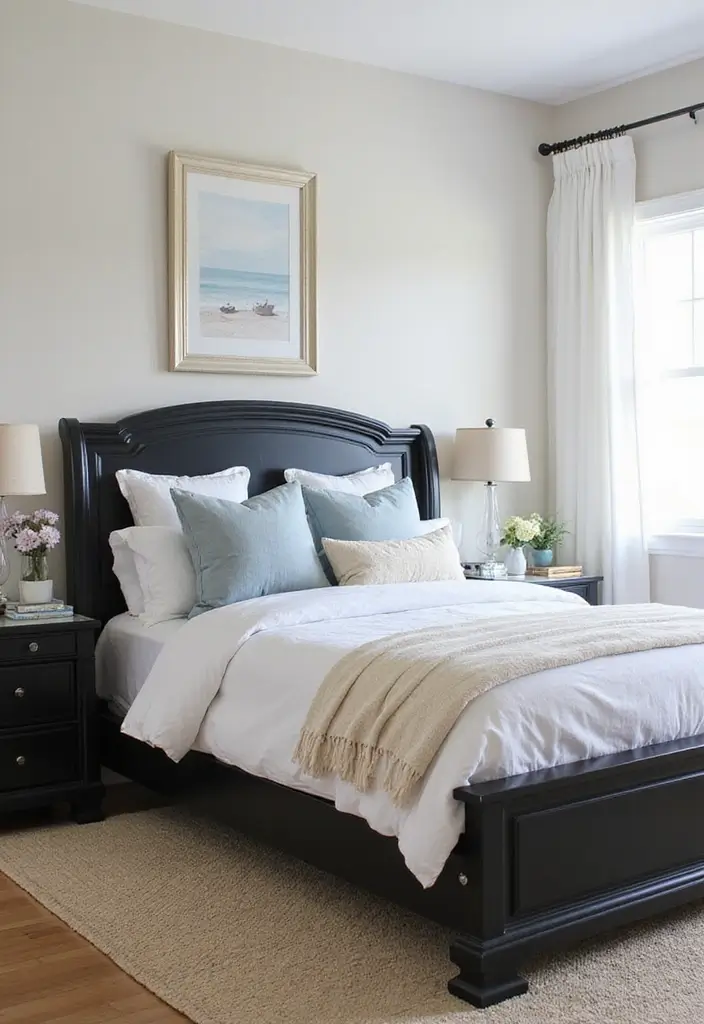 30 Black Bed Frame Bedroom Ideas That Look Strong & Stylish - 23. Beachy Vibes with a Black Bed Frame
