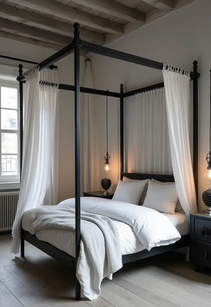 30 Black Bed Frame Bedroom Ideas That Look Strong & Stylish - 3. Industrial Edge with a Black Metal Canopy Frame