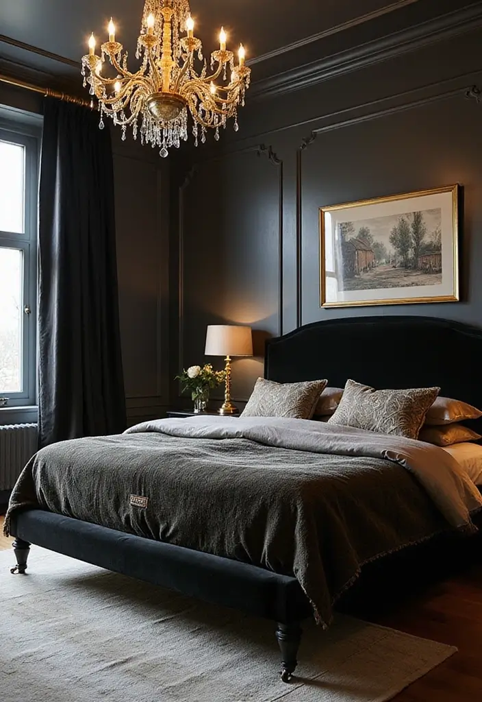 30 Black Bed Frame Bedroom Ideas That Look Strong & Stylish - 4. Vintage Glam with a Black Upholstered Frame
