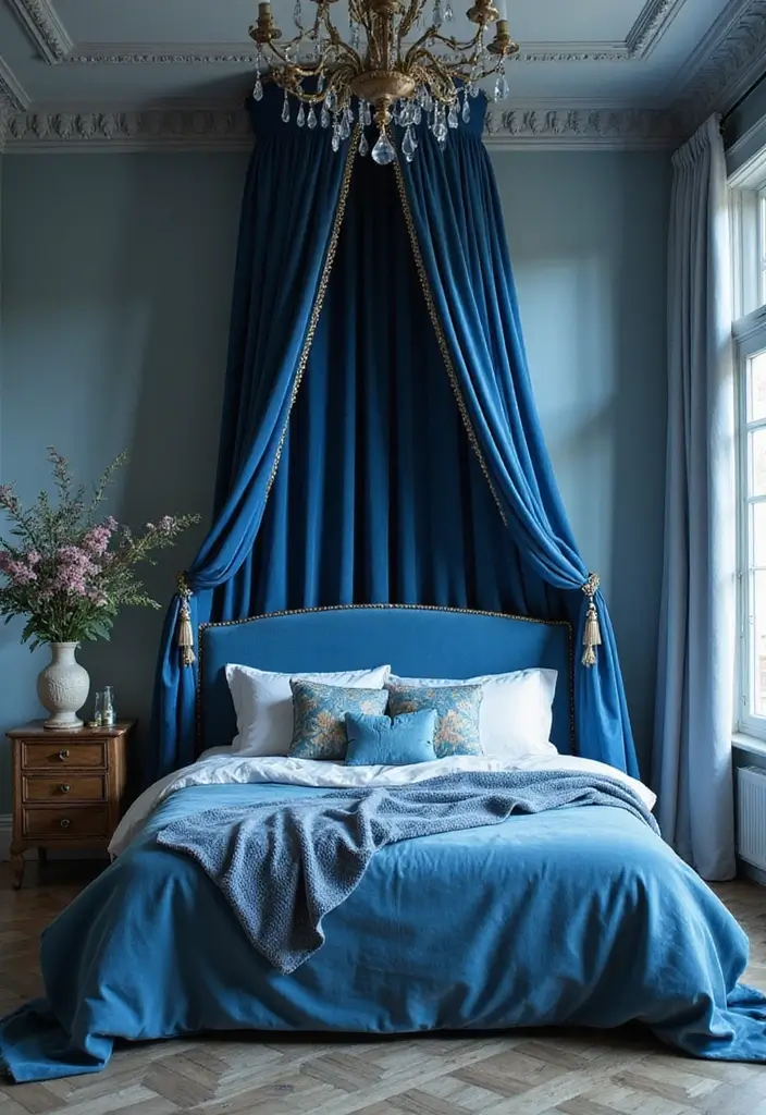 30 Blue Velvet Bedroom Ideas That Exude Luxury and Texture - 11. Velvet Bed Canopy