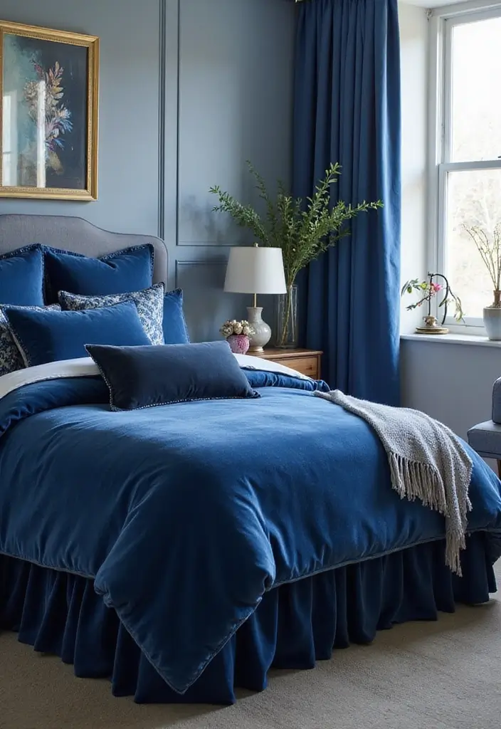 30 Blue Velvet Bedroom Ideas That Exude Luxury and Texture - 15. Blue Velvet Bedding Accessories