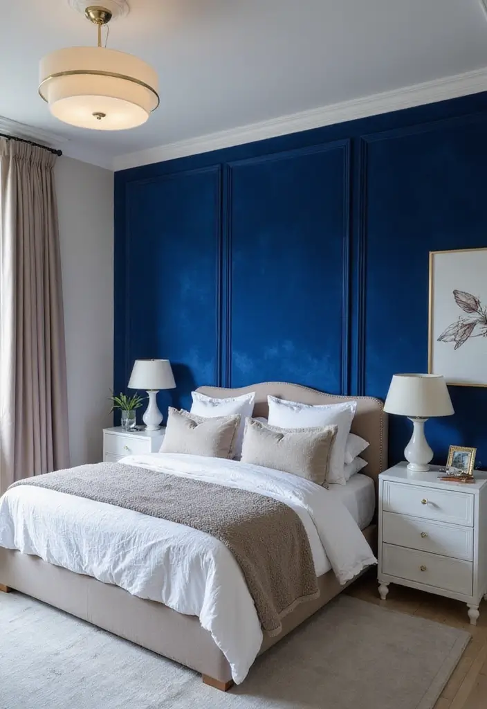 30 Blue Velvet Bedroom Ideas That Exude Luxury and Texture - 2. Royal Blue Velvet Accent Wall