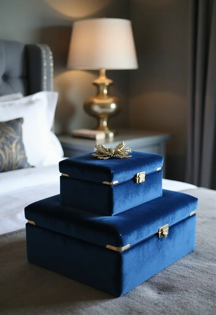 30 Blue Velvet Bedroom Ideas That Exude Luxury and Texture - 21. Blue Velvet Decorative Boxes
