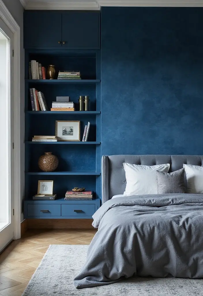30 Blue Velvet Bedroom Ideas That Exude Luxury and Texture - 23. Blue Velvet Wall Shelves