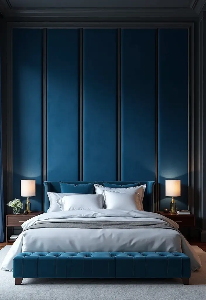 30 Blue Velvet Bedroom Ideas That Exude Luxury and Texture - 24. Blue Velvet Wall Panels
