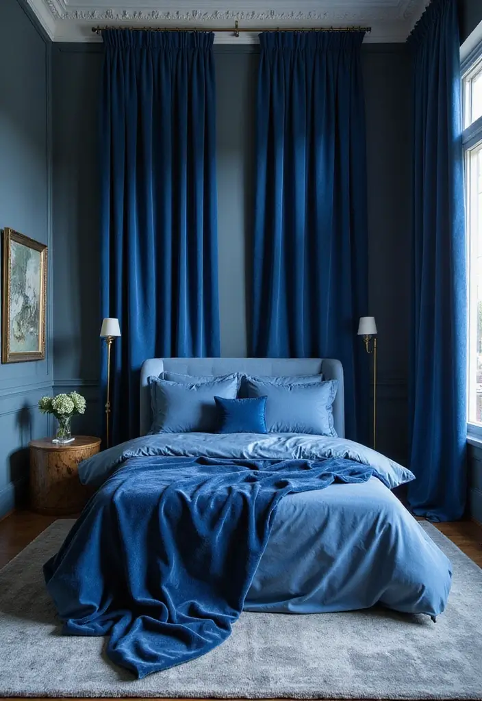 30 Blue Velvet Bedroom Ideas That Exude Luxury and Texture - 5. Velvet Curtains