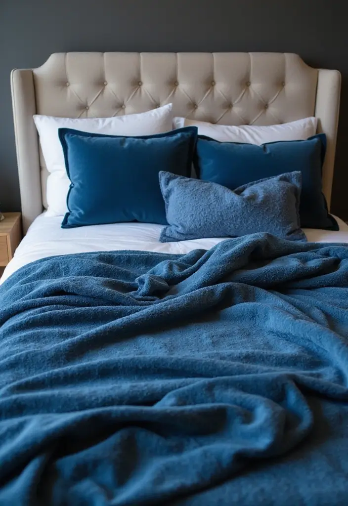 30 Blue Velvet Bedroom Ideas That Exude Luxury and Texture - 6. Textured Velvet Bedding