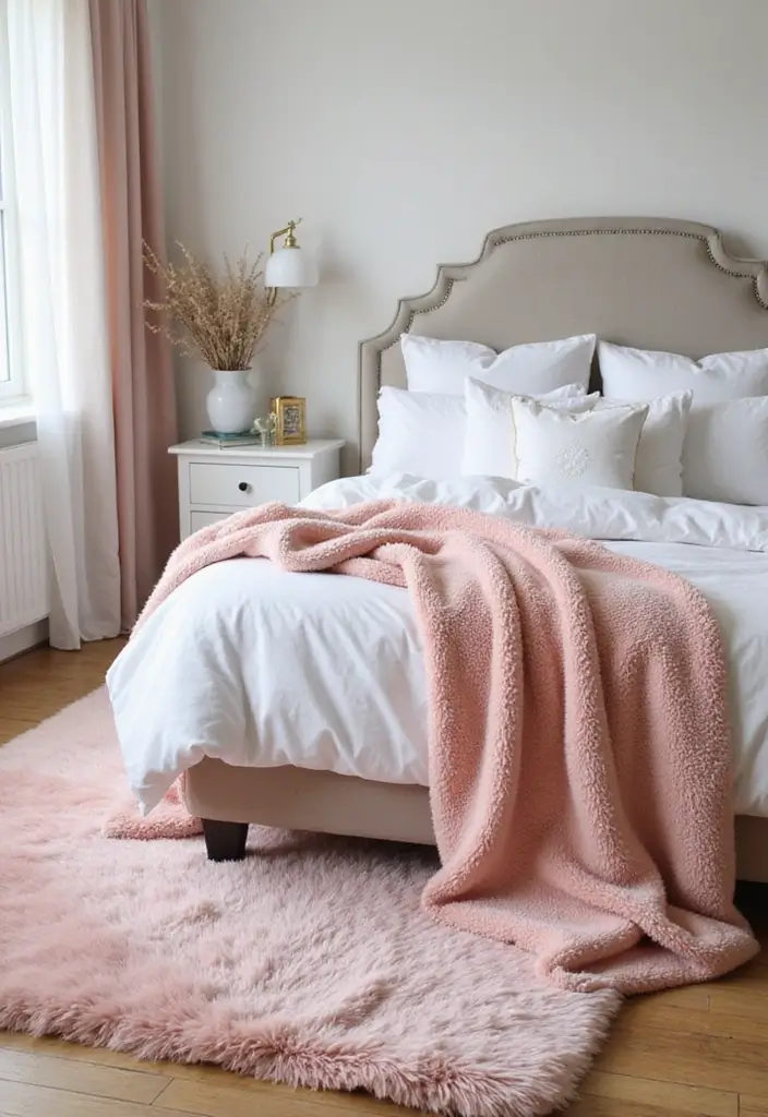 30 Blush Pink Bedroom Ideas That Feel Soft Romantic & Chic - 20. Blush Pink Throw Rugs