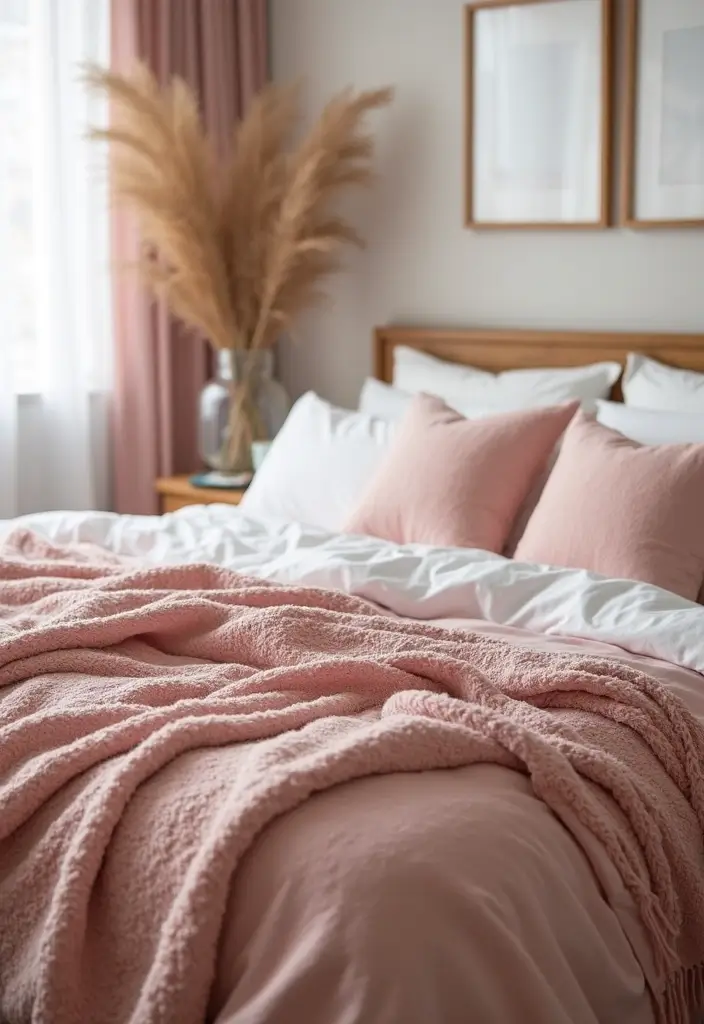 30 Blush Pink Bedroom Ideas That Feel Soft Romantic & Chic - 29. Blush Pink Seasonal Textiles