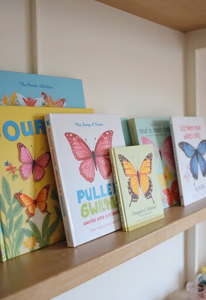 30 Butterfly Wall Decor Bedroom Ideas That Look Whimsical & Lovely - 22. Butterfly-themed Growth Books