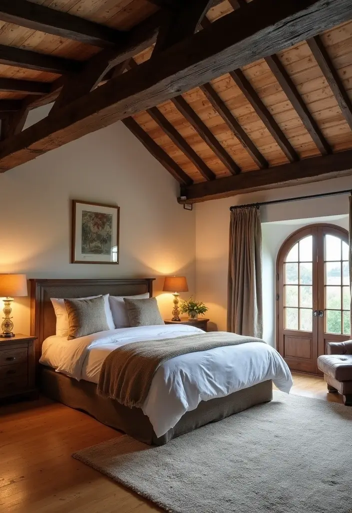 30 Dark Oak Bedroom Ideas That Bring Natural Warmth - 8. Dark Oak Beams for Rustic Charm
