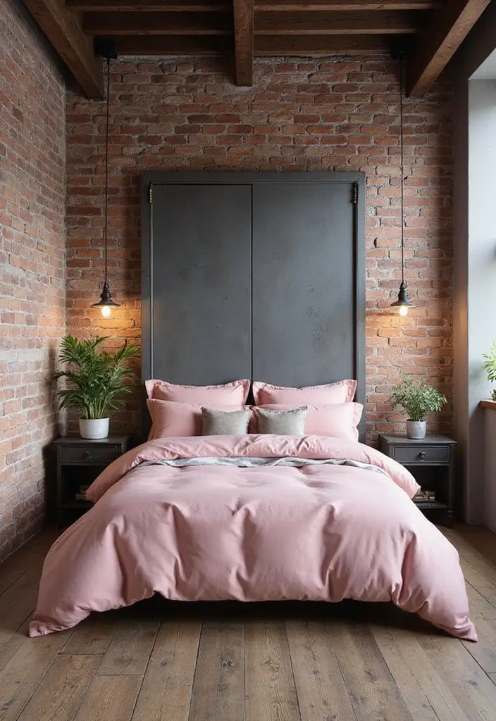 30 Pink Comforter Bedroom Ideas That Add Cozy Color - 13. Industrial Edge