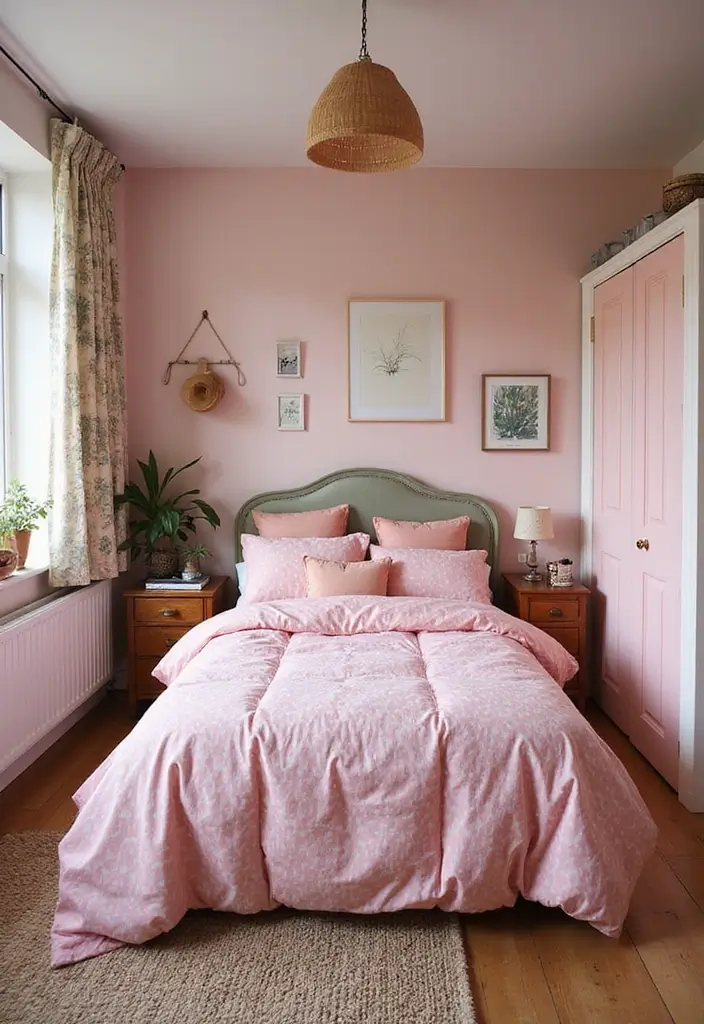 30 Pink Comforter Bedroom Ideas That Add Cozy Color - 17. Retro Revival