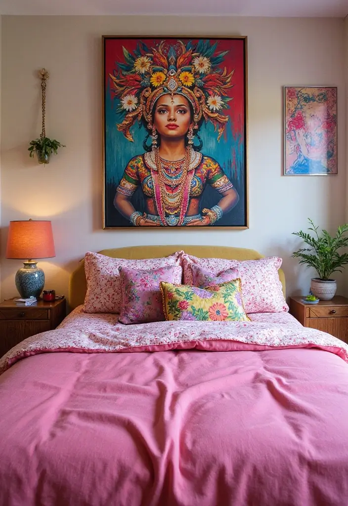 30 Pink Comforter Bedroom Ideas That Add Cozy Color - 20. The Artistic Approach