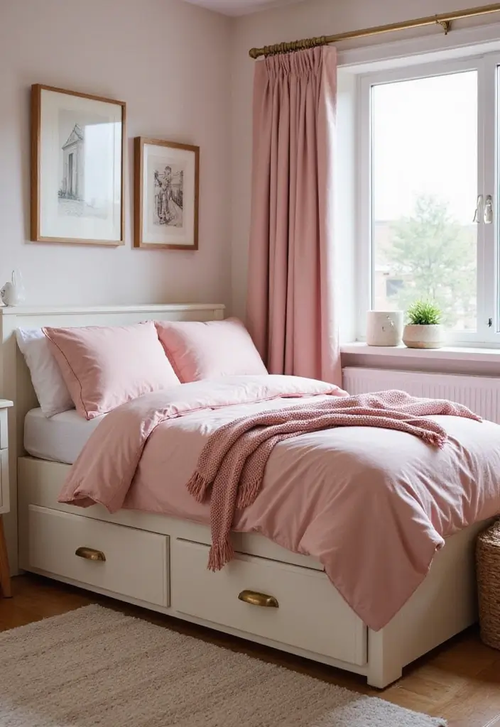 30 Pink Comforter Bedroom Ideas That Add Cozy Color - 24. Comfort and Utility