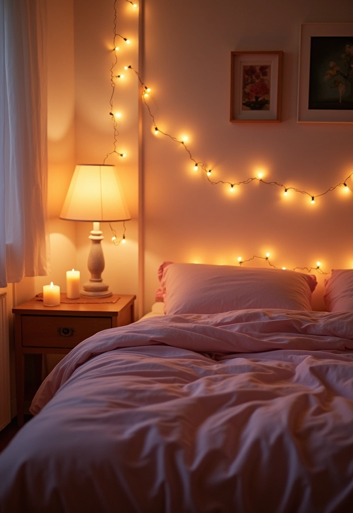 30 Pink Comforter Bedroom Ideas That Add Cozy Color - 25. Soft Lighting