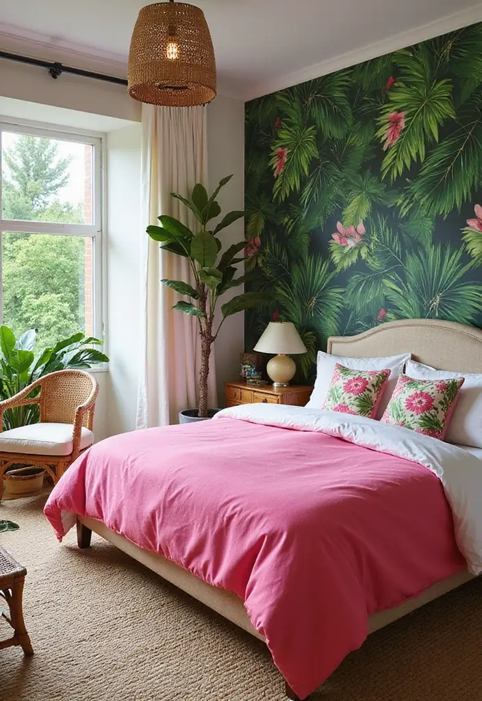 30 Pink Comforter Bedroom Ideas That Add Cozy Color - 7. Tropical Paradise