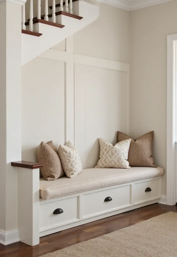 30 Stair Bulkhead Ideas Bedroom That Use Space Creatively - 13. Bench with Storage