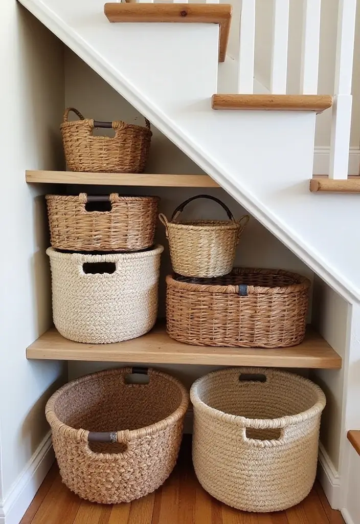 30 Stair Bulkhead Ideas Bedroom That Use Space Creatively - 8. Decorative Baskets