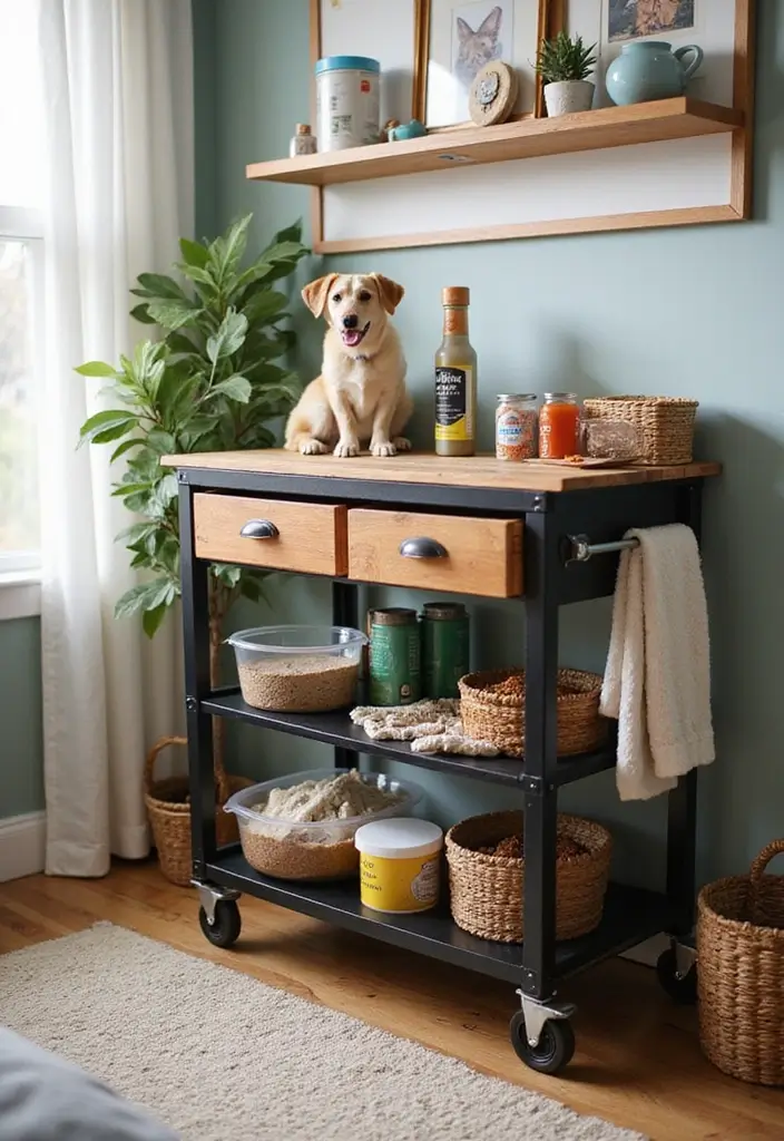 30 Utility Cart Ideas Bedroom That Keep Things Tidy & Mobile - 12. Pet Supply Station