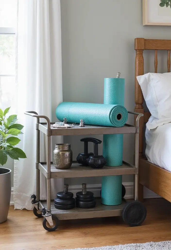 30 Utility Cart Ideas Bedroom That Keep Things Tidy & Mobile - 15. Fitness Gear Organizer