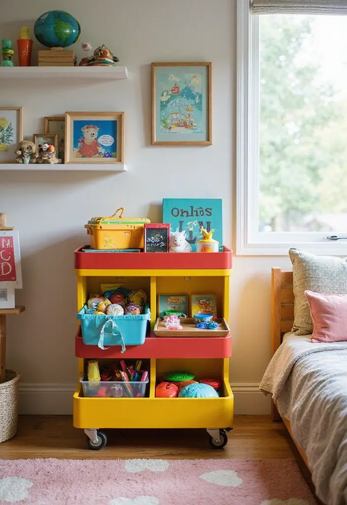 30 Utility Cart Ideas Bedroom That Keep Things Tidy & Mobile - 3. Colorful Rolling Cart for Kids