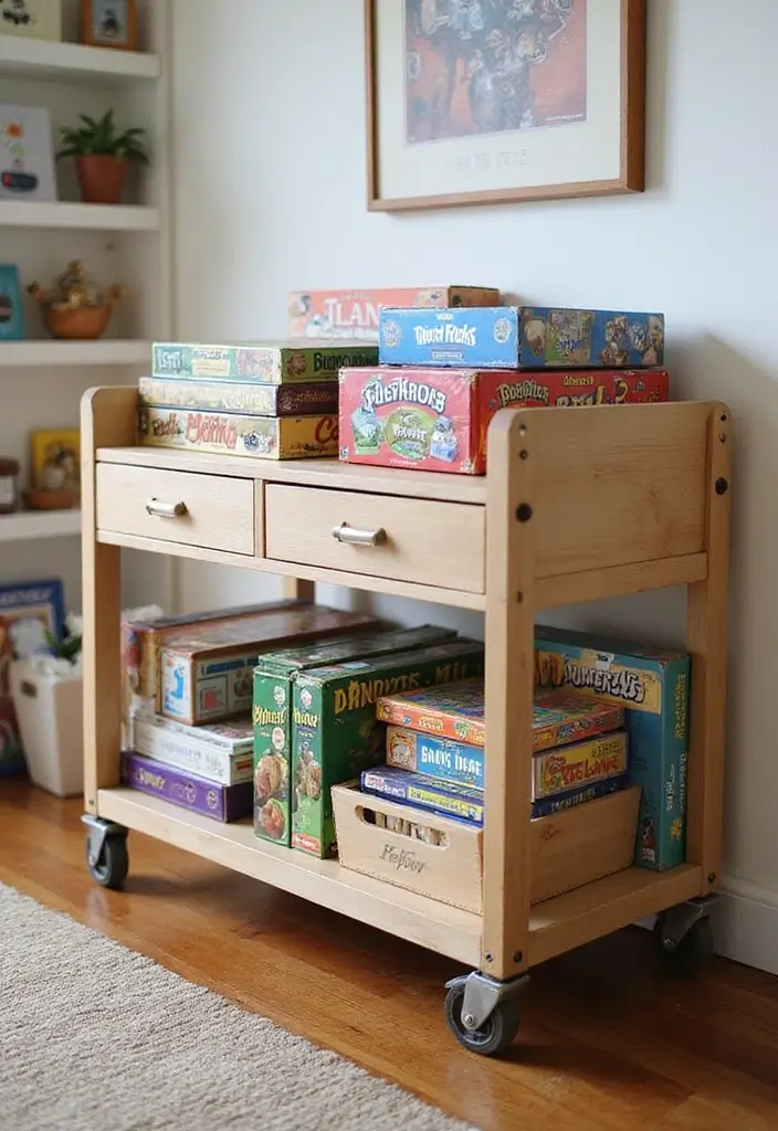 30 Utility Cart Ideas Bedroom That Keep Things Tidy & Mobile - 30. Family Game Organizer