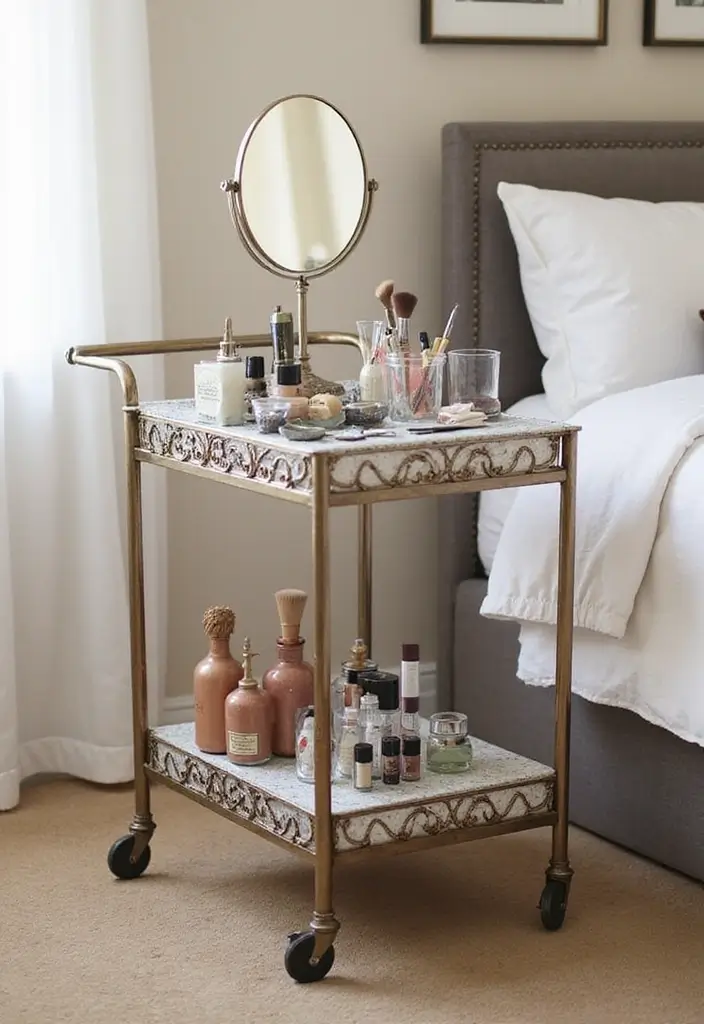 30 Utility Cart Ideas Bedroom That Keep Things Tidy & Mobile - 6. Beauty Station on Wheels