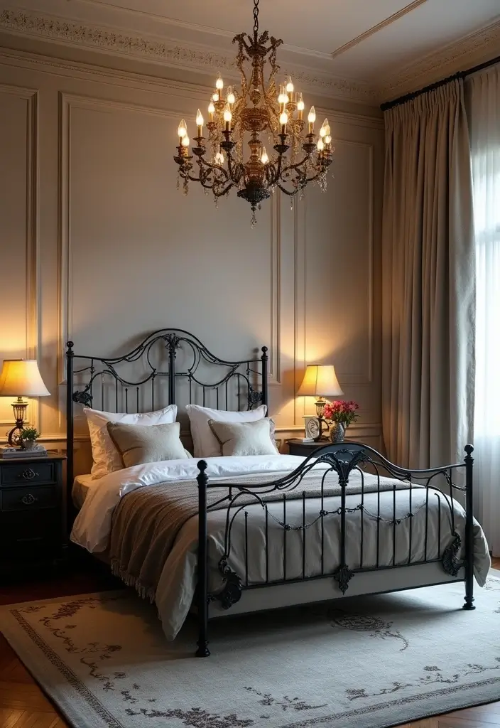 25 Black Iron Bed Frame Bedroom Ideas That Feel Industrial Chic - 14. Statement Lighting for Impact