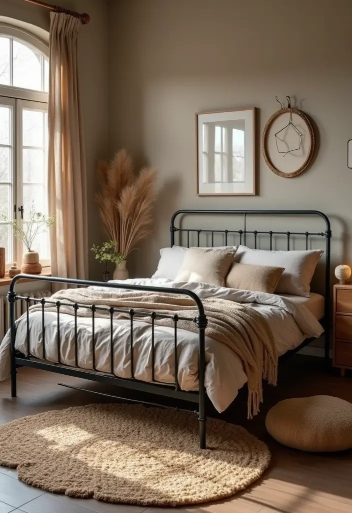 25 Black Iron Bed Frame Bedroom Ideas That Feel Industrial Chic - 16. Nature-Inspired Decor