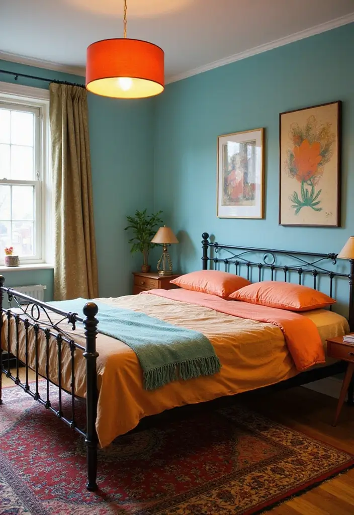 25 Black Iron Bed Frame Bedroom Ideas That Feel Industrial Chic - 19. Retro Revival