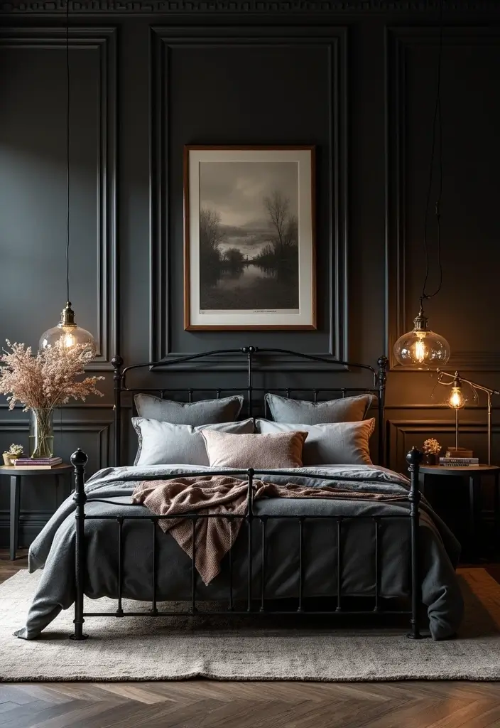 25 Black Iron Bed Frame Bedroom Ideas That Feel Industrial Chic - 20. Rich Dark Tones