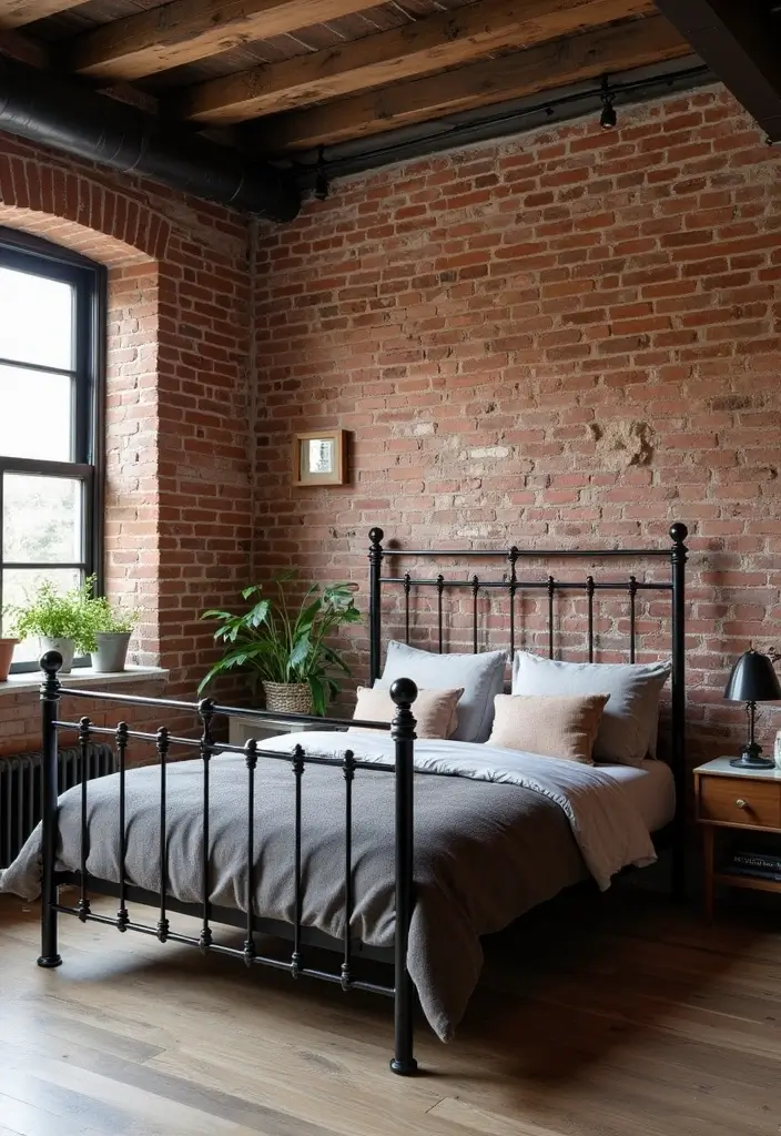 25 Black Iron Bed Frame Bedroom Ideas That Feel Industrial Chic - 3. Industrial Loft Style with Exposed Brick