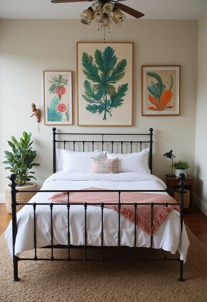 25 Black Iron Bed Frame Bedroom Ideas That Feel Industrial Chic - 6. Artistic Focus with Bold Art Pieces