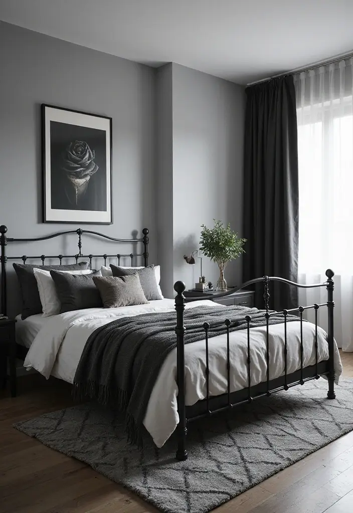 25 Black Iron Bed Frame Bedroom Ideas That Feel Industrial Chic - 8. Monochrome Magic