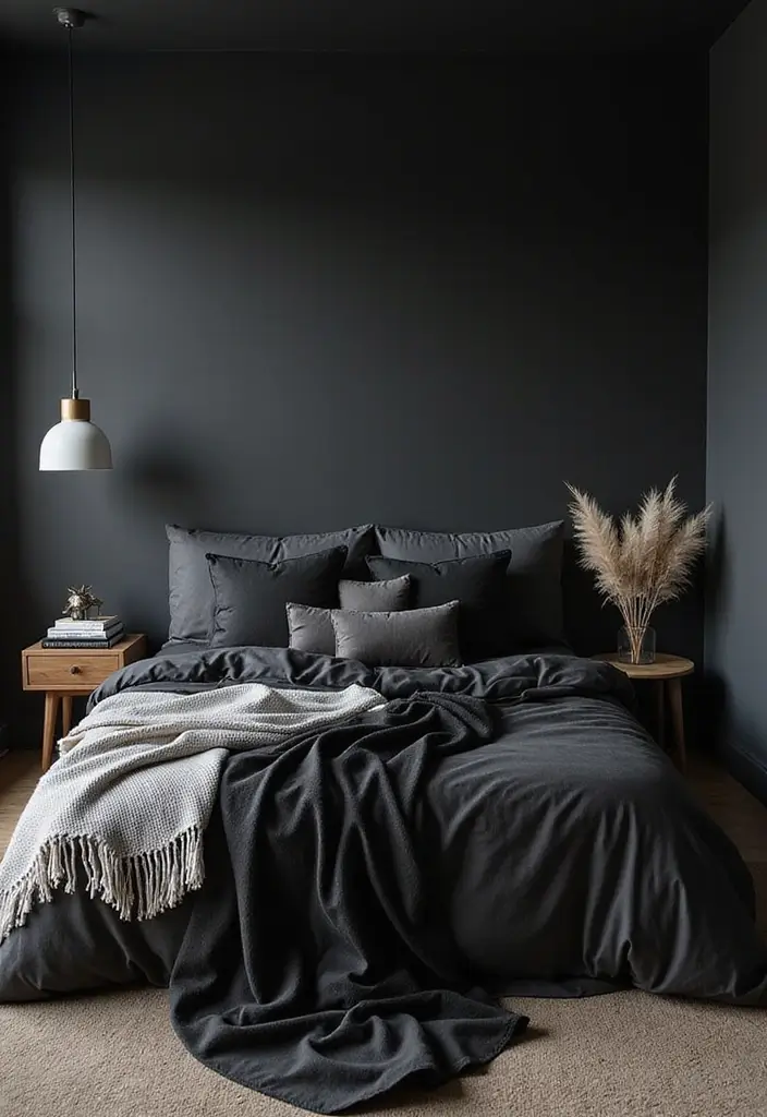 30 Black Aesthetic Bedroom Ideas That Are Sleek and Stylish - 16. Textiles Mix