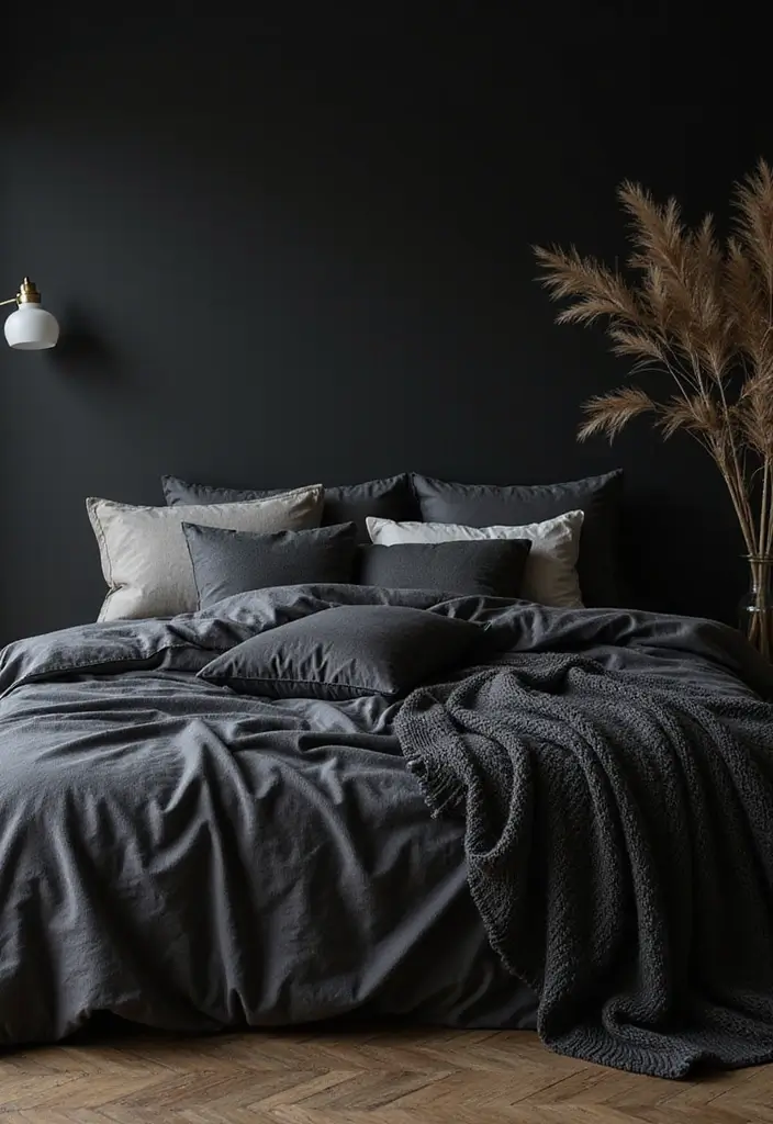 30 Black Aesthetic Bedroom Ideas That Are Sleek and Stylish - 2. Soft Textures