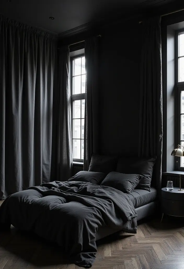 30 Black Aesthetic Bedroom Ideas That Are Sleek and Stylish - 20. Elegant Curtains