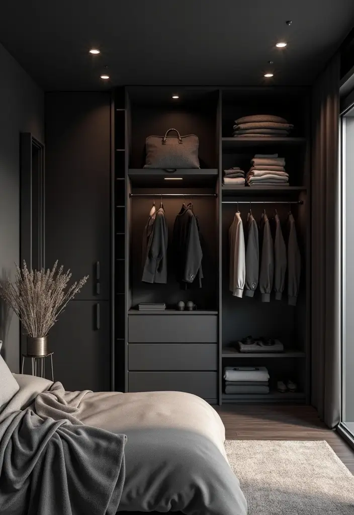 30 Black Aesthetic Bedroom Ideas That Are Sleek and Stylish - 29. Open Closet Design