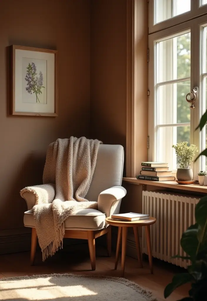 30 Brown Wall Bedroom Ideas That Bring Earthy Elegance - 18. Cozy Reading Nook