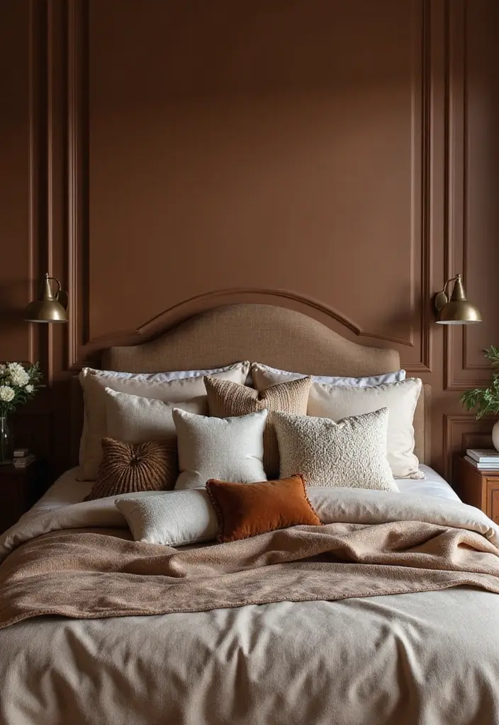 30 Brown Wall Bedroom Ideas That Bring Earthy Elegance - 22. Pillowy Paradise