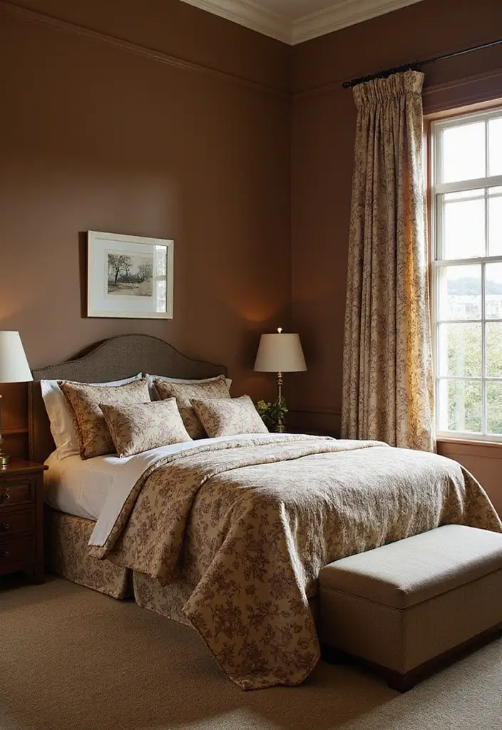 30 Brown Wall Bedroom Ideas That Bring Earthy Elegance - 23. Subtle Prints
