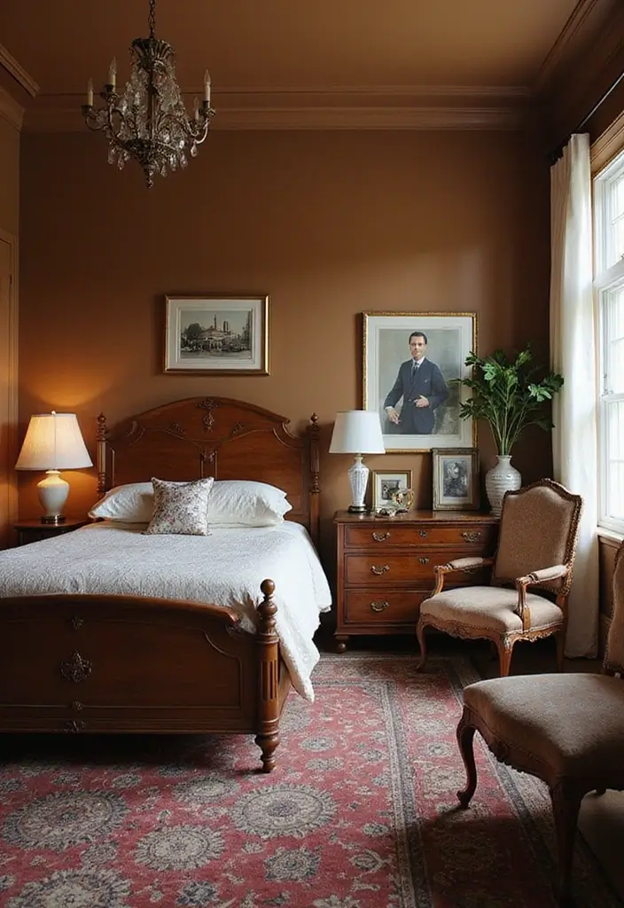 30 Brown Wall Bedroom Ideas That Bring Earthy Elegance - 7. Vintage Charm