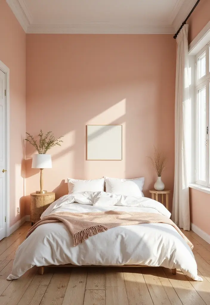 30 Peach Color Bedroom Ideas That Feel Fresh and Modern - 1. Soft Peach Walls for a Tranquil Vibe