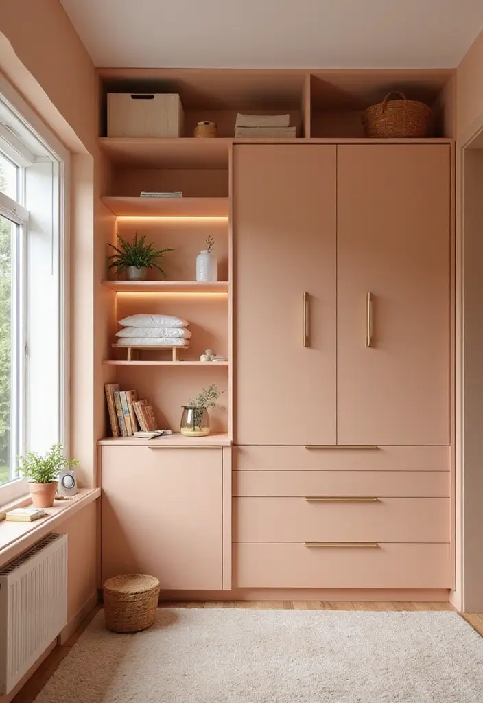 30 Peach Color Bedroom Ideas That Feel Fresh and Modern - 13. Compact Furniture Solutions
