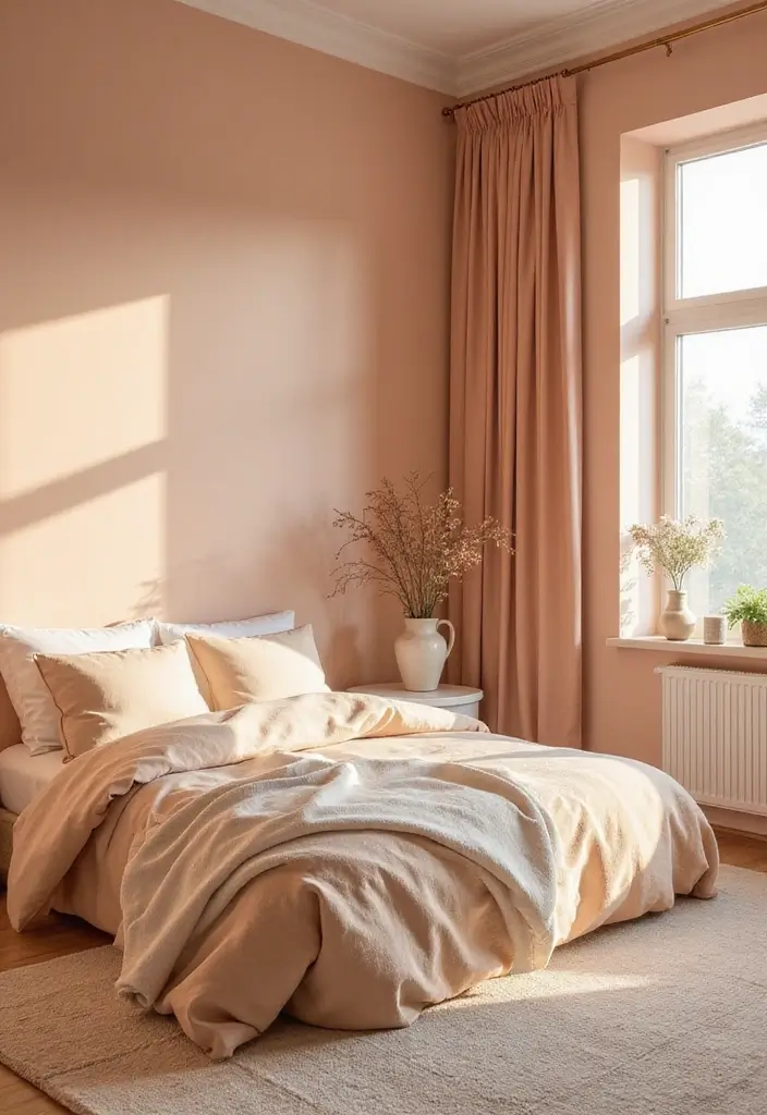 30 Peach Color Bedroom Ideas That Feel Fresh and Modern - 15. Peach and Beige for a Soft Palette
